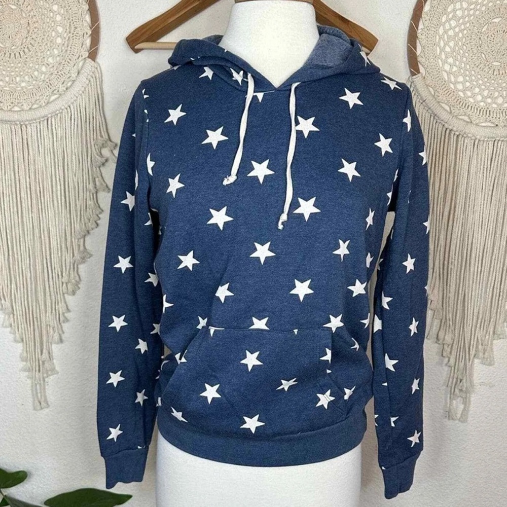 ALTERNATIVE Women’s Blue & White Star Hoodie With Pockets Sweatshirt Sz XL NWOT